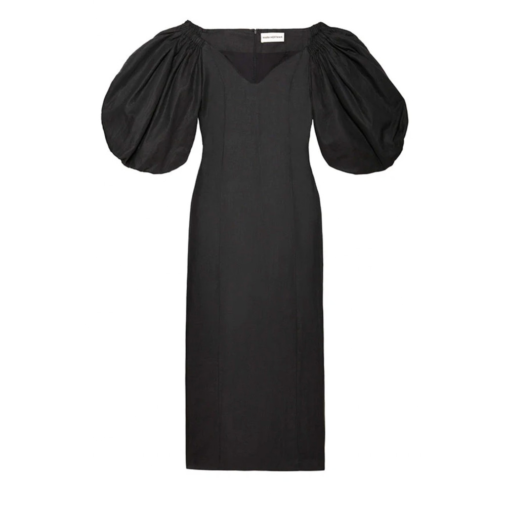 Mara Hoffman Black Namari Dress in Black | Size 6 Puff sleeve linen midi NWOT